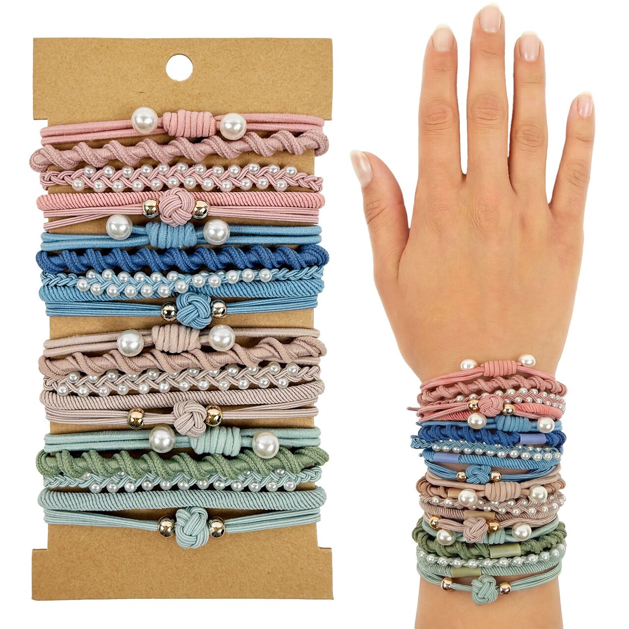 Wrapables Boho Hair Tie Bracelets for Women, No Damage Elastic Hair Bands, Hair Accessories for Thick and Thin Ponytails (20pcs), Pearls Bright